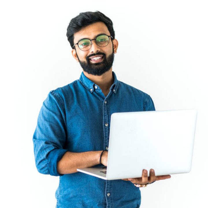 Man using laptop isolated on white background